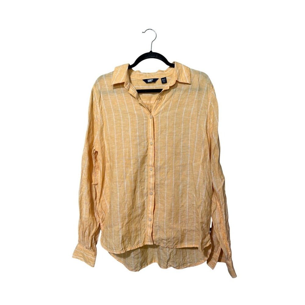 Lands’ End Linen Button Front Shirt Yellow White Stripe Tall Medium